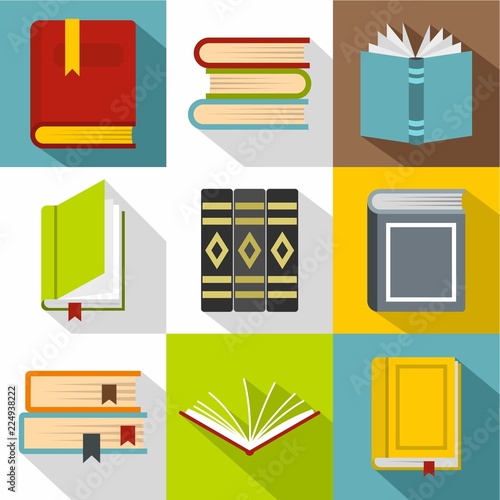 Books icons set. Flat illustration of 9 books vector icons for web