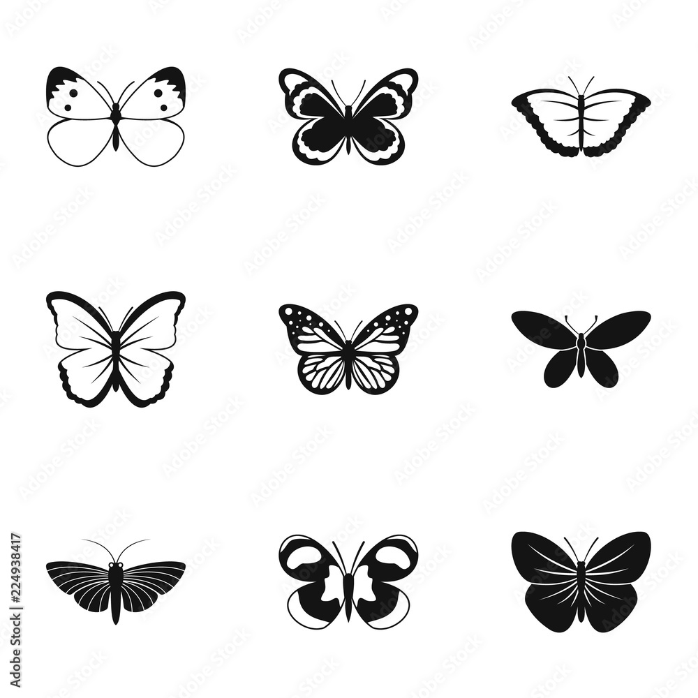 Insects butterflies icons set. Simple illustration of 9 insects butterflies vector icons for web Insects butterflies icons set. Simple illustration of 9 insects butterflies vector icons for web