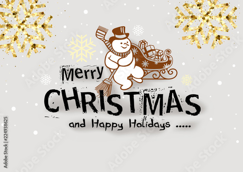 Christmas Illustration with Snowman and Shining Golden Snowflakes on White Snowy Background - Vector