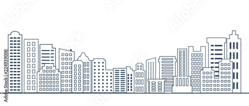 thin line buildings. Cityscape with skyscrapers. Urban landscape in flat line. Vector illustration of modern city buildings. Thin line design elements of city scape. 