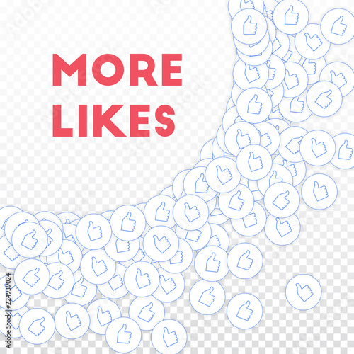 Social media icons. More likes concept. Falling scattered thumbs up. Overwhelming big radiant left t