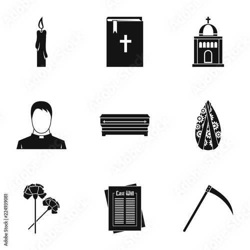 Funeral services icons set. Simple illustration of 9 funeral services vector icons for web