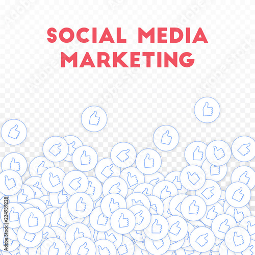 Social media icons. Social media marketing concept. Falling scattered thumbs up. Scatter bottom grad