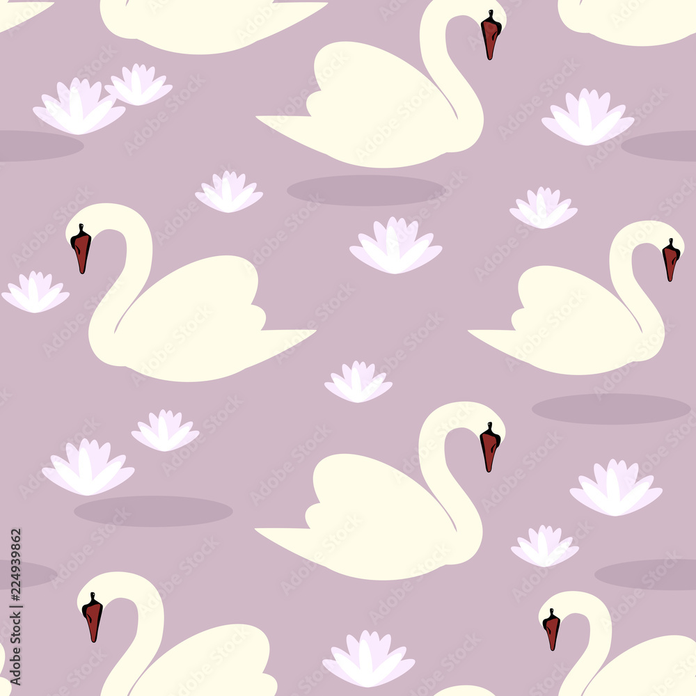 Naklejka premium white swans seamless vector pattern lilac