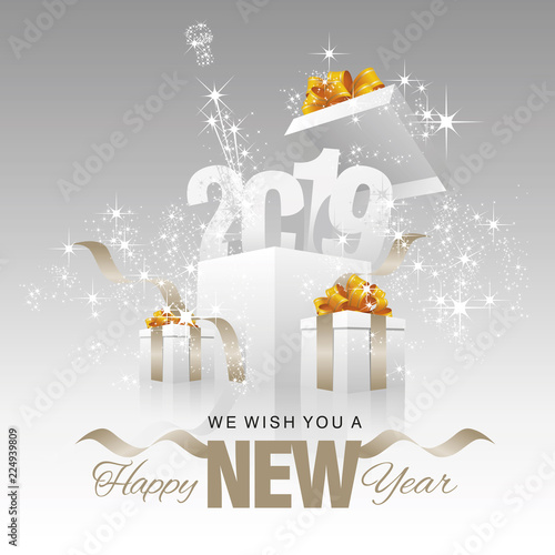 Happy New Year 2019 firework box silver grey background