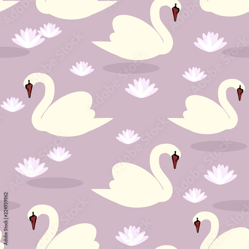 white swans seamless vector pattern lilac