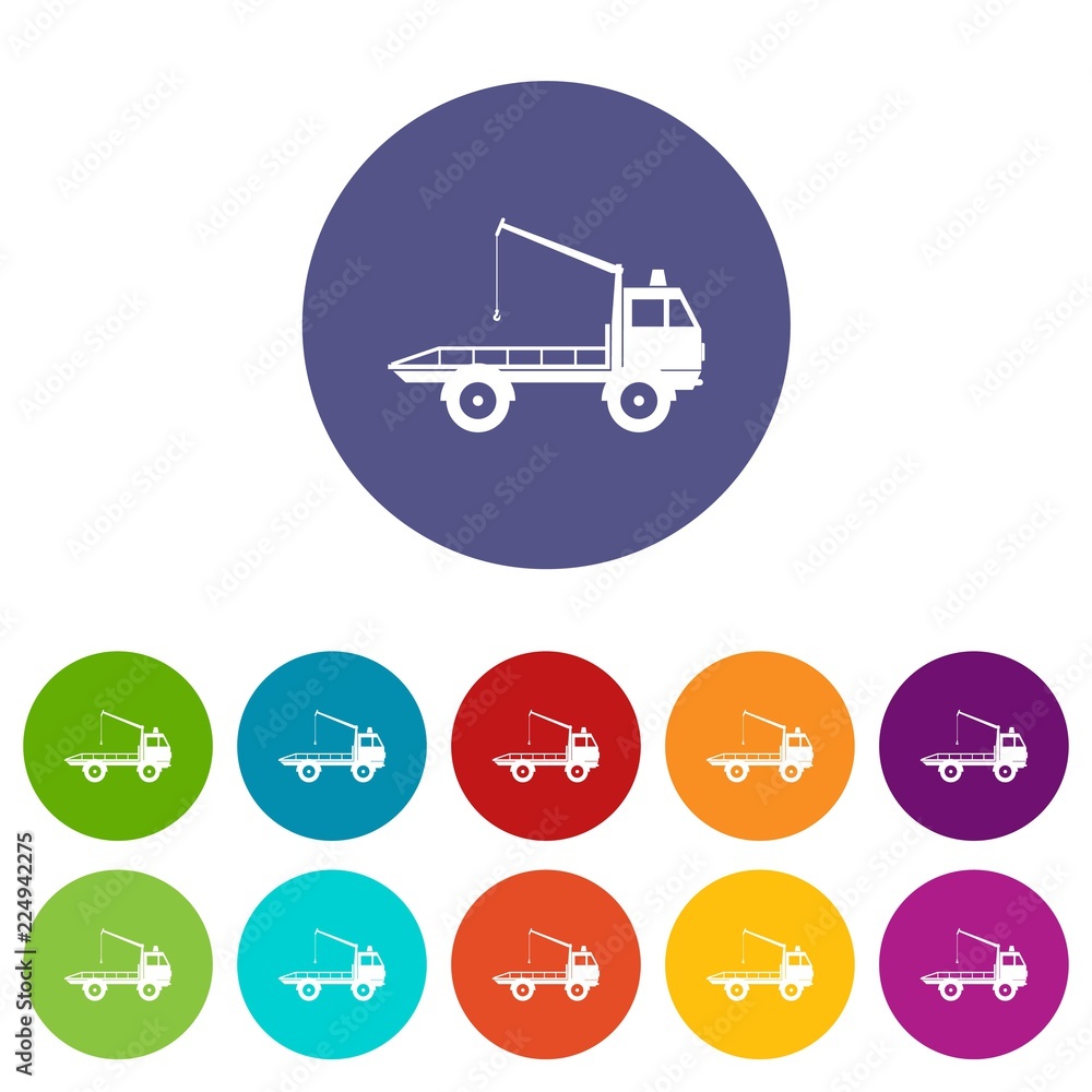 Car towing truck set icons in different colors isolated on white background Car towing truck set icons in different colors isolated on white background