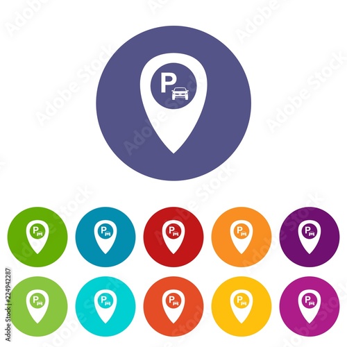 Map pointer with car parking set icons in different colors isolated on white background
