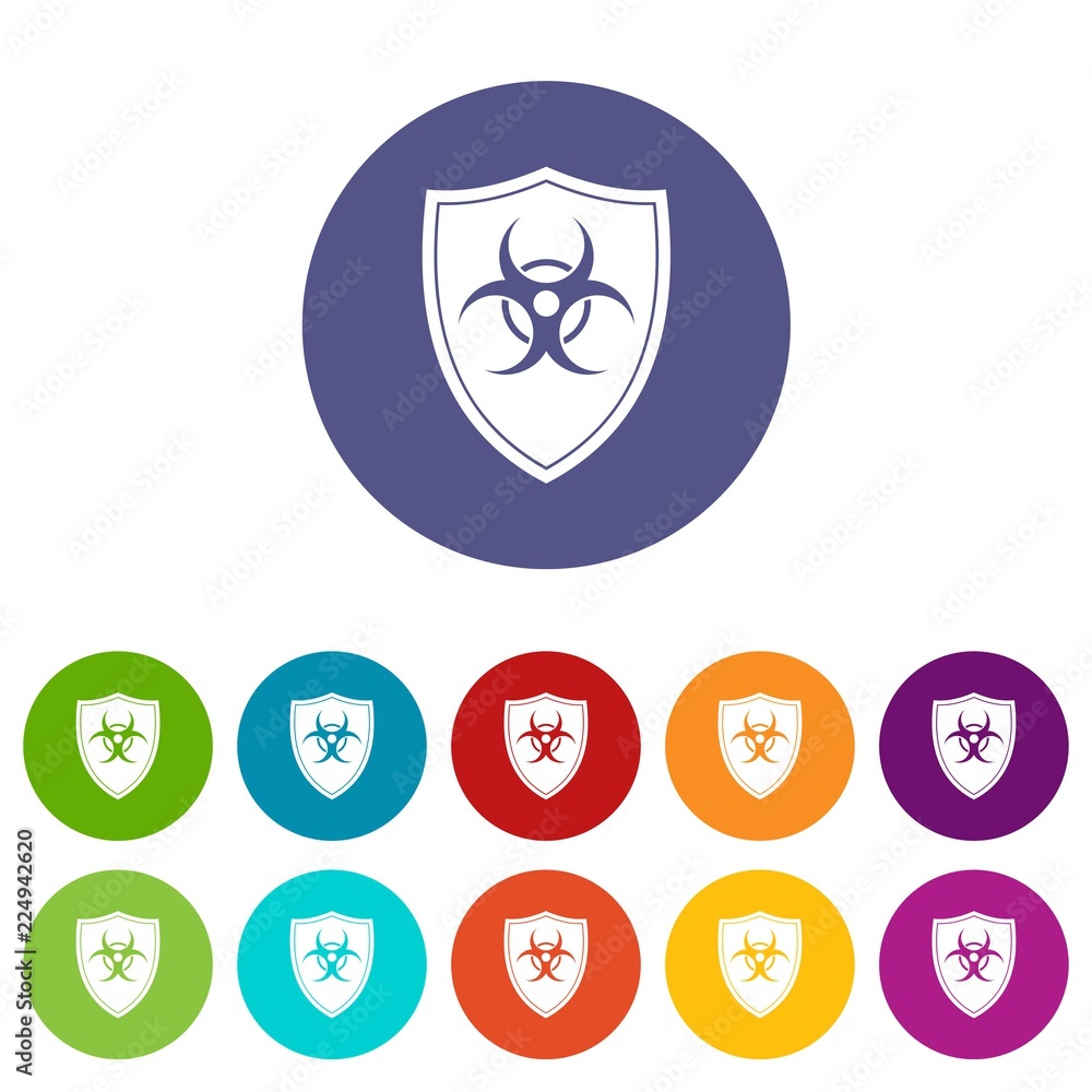 Shield with a biohazard sign set icons in different colors isolated on white background Shield with a biohazard sign set icons in different colors isolated on white background
