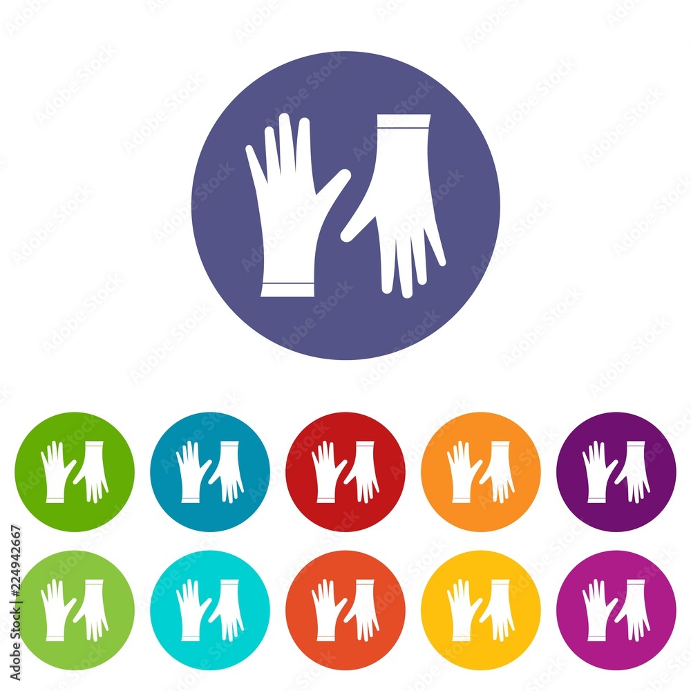 Protective gloves set icons in different colors isolated on white background Protective gloves set icons in different colors isolated on white background