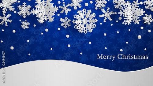Christmas illustration with white three-dimensional paper snowflakes on blue background with snowdrifts