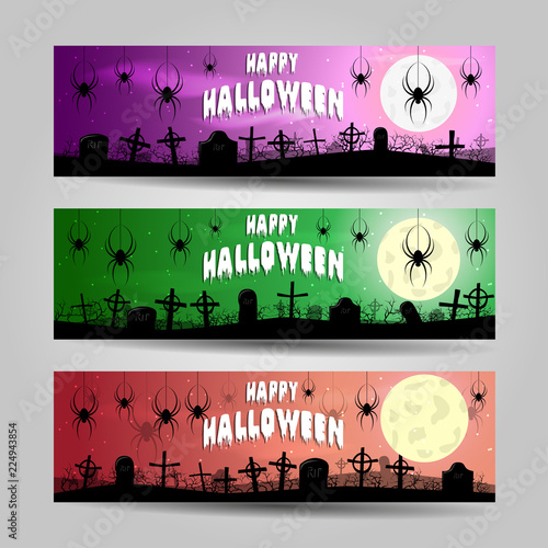 Three horizontal Halloween banners detailed vector set
