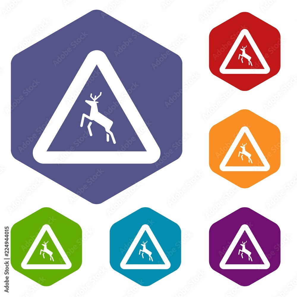 Deer traffic warning sign icons set rhombus in different colors isolated on white background Deer traffic warning sign icons set rhombus in different colors isolated on white background