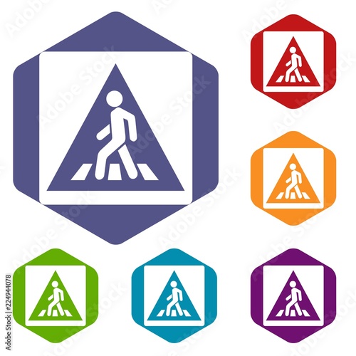 Pedestrian road sign icons set rhombus in different colors isolated on white background
