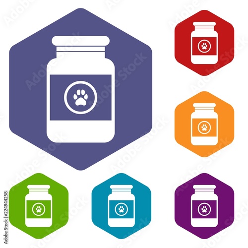 Treatment solution for animals icons set rhombus in different colors isolated on white background