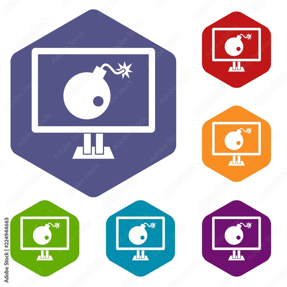 Bomb on computer monitor icons set rhombus in different colors isolated on white background Bomb on computer monitor icons set rhombus in different colors isolated on white background