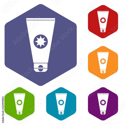 Tube with sunbathing cream icons set rhombus in different colors isolated on white background
