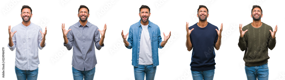 Collage of young man wearing casual look over white isolated backgroud crazy and mad shouting and yelling with aggressive expression and arms raised. Frustration concept. Collage of young man wearing casual look over white isolated backgroud crazy and mad shouting and yelling with aggressive expression and arms raised. Frustration concept.