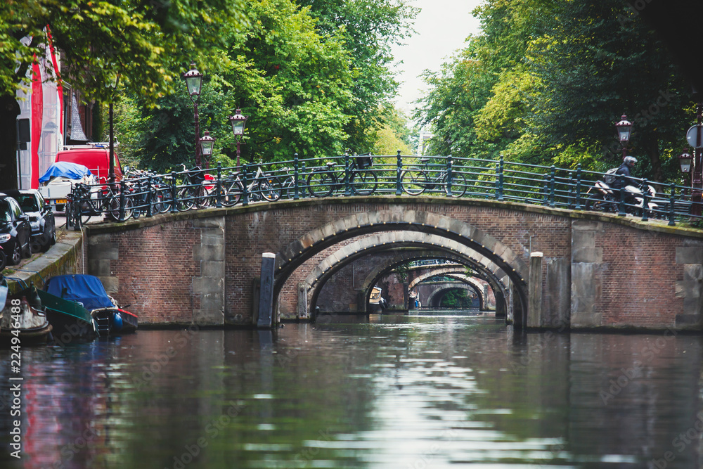 City view of Amsterdam canals with bridges and bicycles, Netherlands