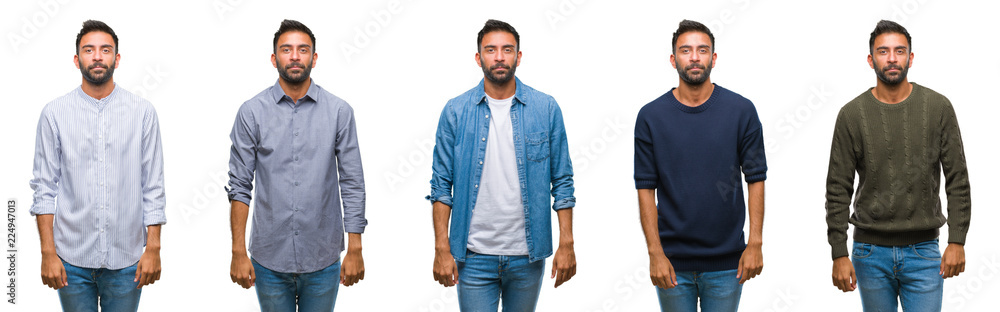 Collage of young man wearing casual look over white isolated backgroud with serious expression on face. Simple and natural looking at the camera. Collage of young man wearing casual look over white isolated backgroud with serious expression on face. Simple and natural looking at the camera.