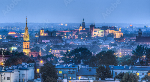 Amazing panorama at twilight over Wawel Castle and Kazimierz district in Krakow, Poland. photo