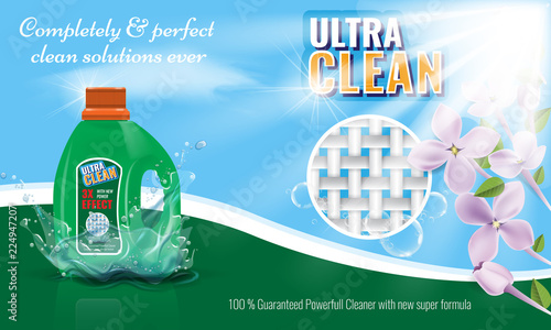 Gel laundry detergent advertising template with flower or floral border. Vector illustration.