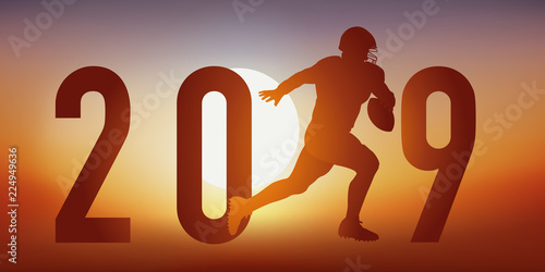 Carte de vœux 2019 sur le thème du football américain, avec un footballeur en pleine action, qui cours vers la ligne de but