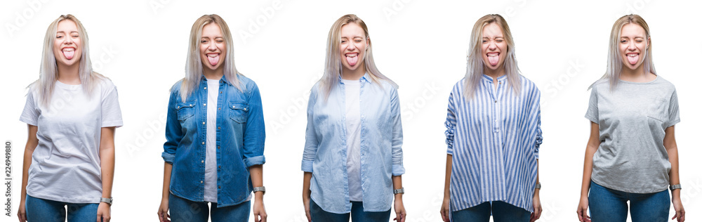 Collage of beautiful blonde young woman over isolated background sticking tongue out happy with funny expression. Emotion concept. Collage of beautiful blonde young woman over isolated background sticking tongue out happy with funny expression. Emotion concept.