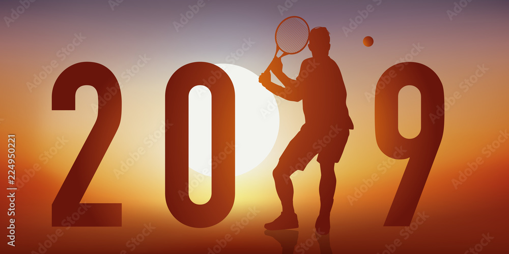 Vecteur Stock Carte de vœux 2019 sur le thème du tennis, avec un tennisman  en pleine action, qui fait un revers | Adobe Stock