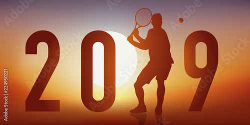 Carte de vœux 2019 sur le thème du tennis, avec un tennisman en pleine action, qui fait un revers