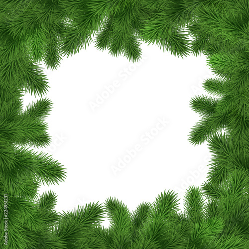 Christmas greeting card template, green fir tree frame isolated on white background, blank space for text, illustration