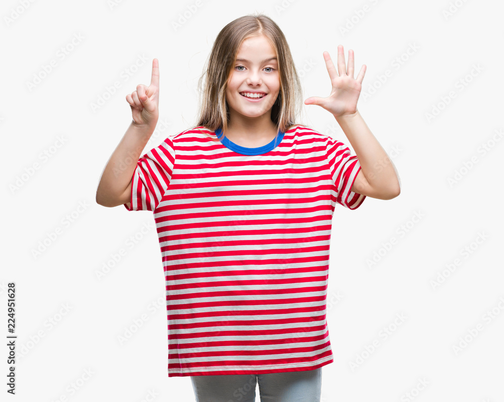 Young beautiful girl over isolated background showing and pointing up with fingers number six while smiling confident and happy. Young beautiful girl over isolated background showing and pointing up with fingers number six while smiling confident and happy.