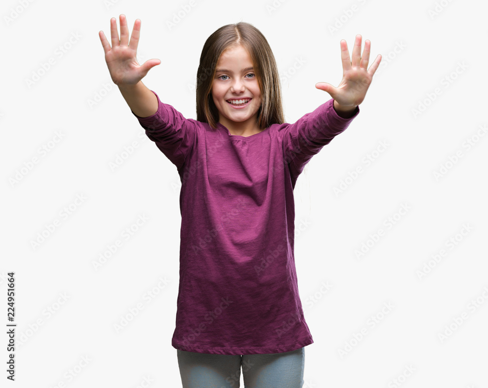 Young beautiful girl over isolated background showing and pointing up with fingers number ten while smiling confident and happy. Young beautiful girl over isolated background showing and pointing up with fingers number ten while smiling confident and happy.