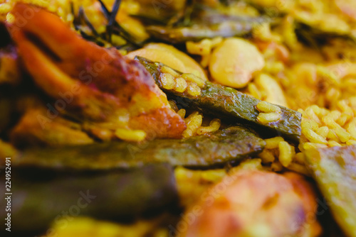 Close-up of the traditional Paella Valenciana Mediterranean dish