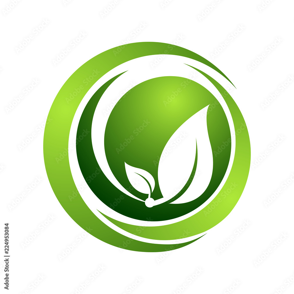 Organic vector logo template concept illustration. circle Green leaves sign. Abstract human character sign. Nature ecology symbol Organic vector logo template concept illustration. circle Green leaves sign. Abstract human character sign. Nature ecology symbol