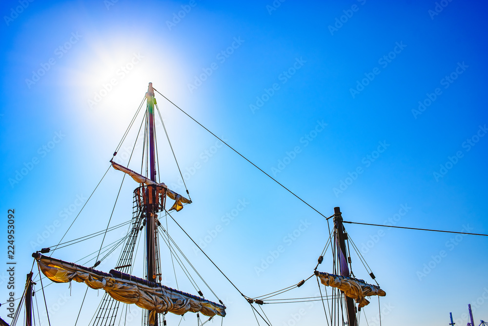 Sails and ropes of the main mast of a caravel ship, Santa María Columbus ships
