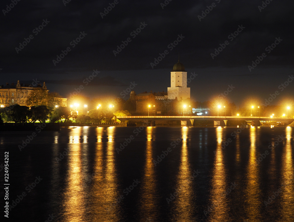 Saint Olav tower, medieval Swedish fortress castle, night in Vyborg, Russia