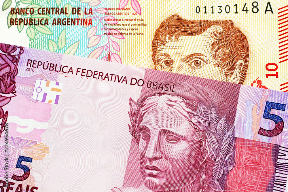 custom made wallpaper toronto digitalA macro image of a pink Brazilian five reais note with an Argentinian ten peso bill