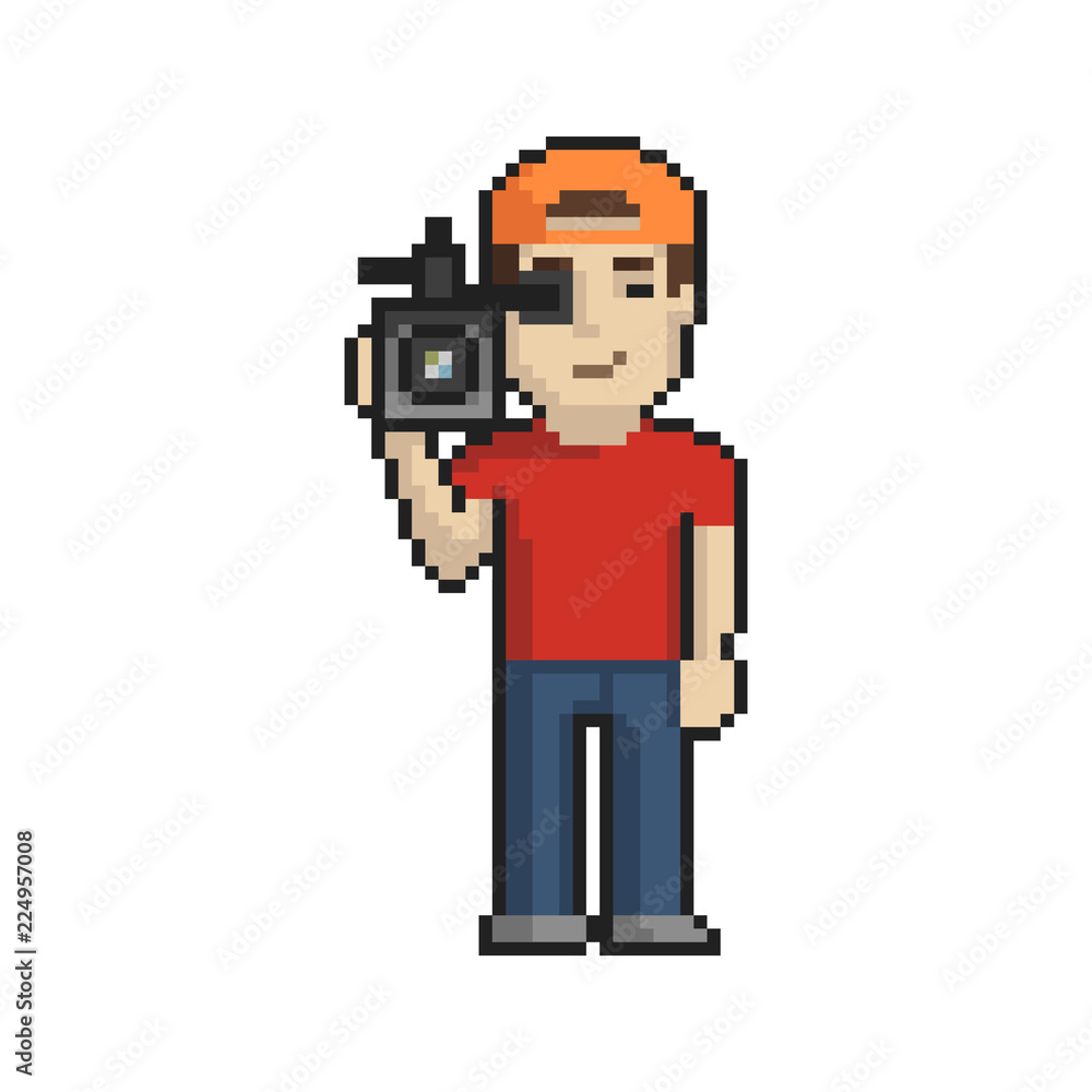 Cameraman pixel art on white background. Vector illustration. Cameraman pixel art on white background. Vector illustration.