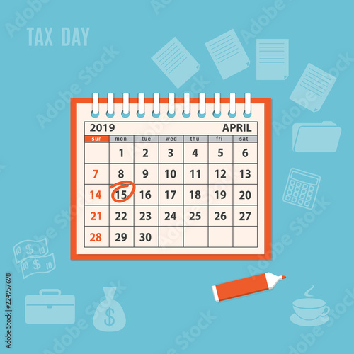 April page 2019 spiral calendar with marked tax day