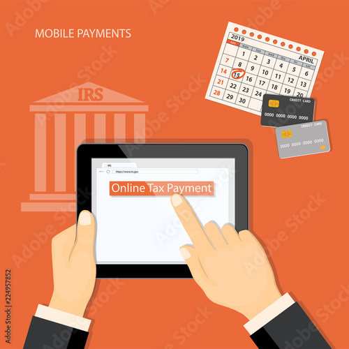 Online Tax Payment in tablet and showing finger