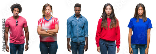 Composition of african american, hispanic and chinese group of people over isolated white background depressed and worry for distress, crying angry and afraid. Sad expression.