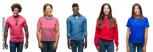 Composition of african american, hispanic and chinese group of people over isolated white background sticking tongue out happy with funny expression. Emotion concept.