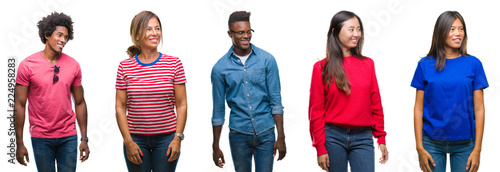 Composition of african american, hispanic and chinese group of people over isolated white background looking away to side with smile on face, natural expression. Laughing confident.