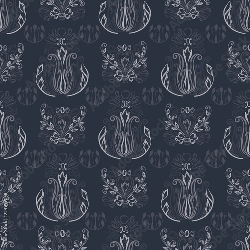 Tone on Tone Dark Grey Damask Seamless Vector Pattern, Hand Drawn Floral Ornament Illustration Fashion Print, Trendy Home Decor, Masculine Packaging,  Elegant Stationery, Stylish Background Gift Wrap