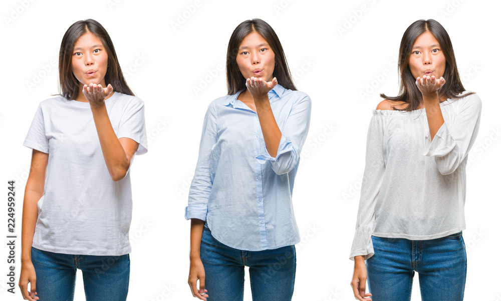 Obraz premium Collage of asian young woman standing over white isolated background looking at the camera blowing a kiss with hand on air being lovely and sexy. Love expression.