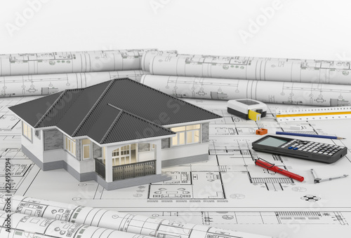 Construction plans with drawing tools and House, Architectural and engineering housing concept. 3drender