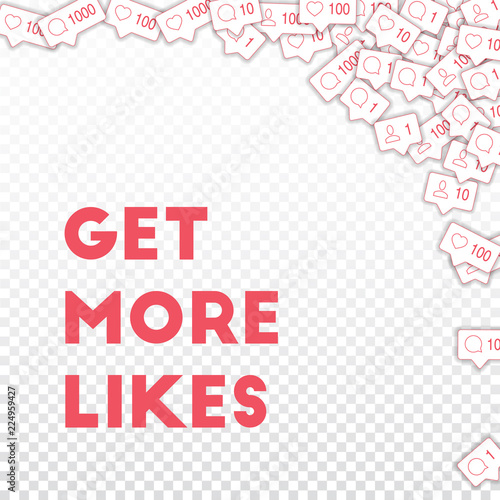 Social media icons. Get more likes concept. Falling counter comment friend notification. Great abstr