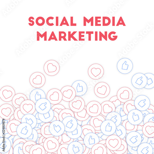 Social media icons. Social media marketing concept. Falling scattered thumbs up hearts. Scatter bott