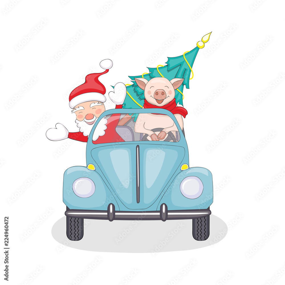 Fototapeta Isolated illustration with santa and piggy in retro car